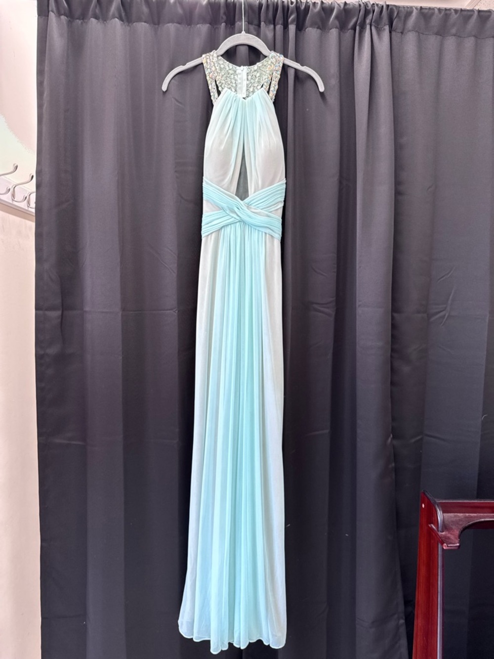 Terani Couture Light Blue Beaded Halter Prom Gown